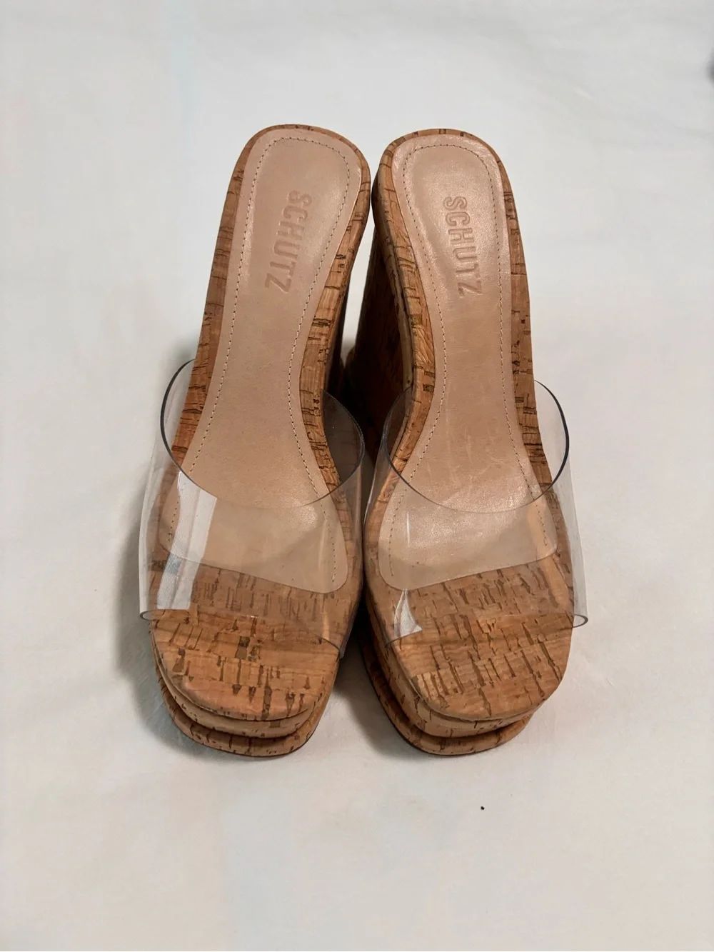 SCHUTZ Cork Platform Slide Sandals with Clear Strap - Cork